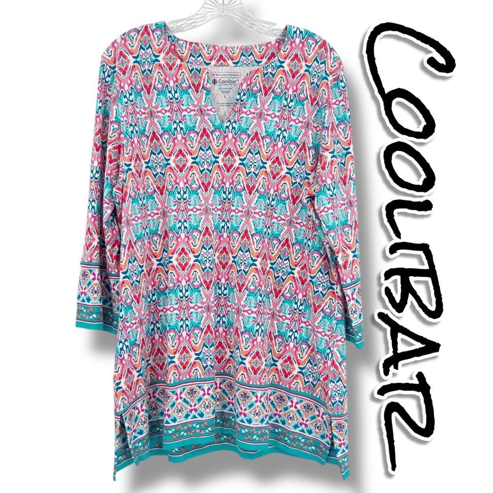 Coolibar St. Lucia Tunic Top UPF 50+ Ikat Print Beach Resort Pink Teal Womens L